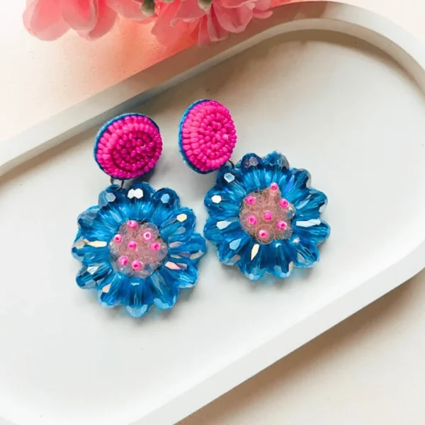 Blue Daisy Drop Handmade Beaded Earrings