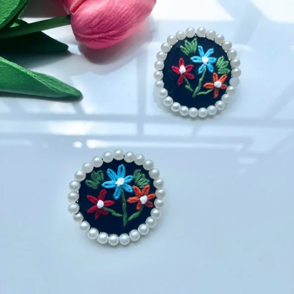 Florinelle Stud Earrings - Black with Multicolour flower