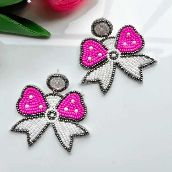 Pink Bow Handmade Beaded Earrings