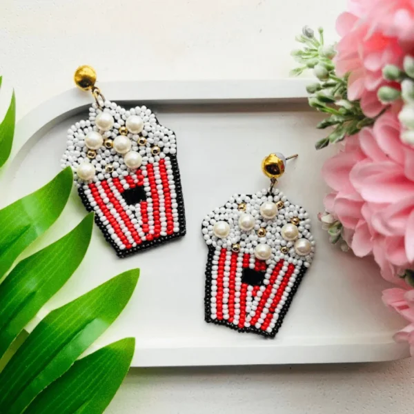 Pop corn in a basket Handmade Beaded Earrings