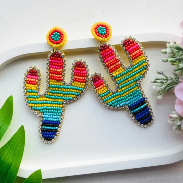 Rainbow Cactus Handmade Beaded Earrings