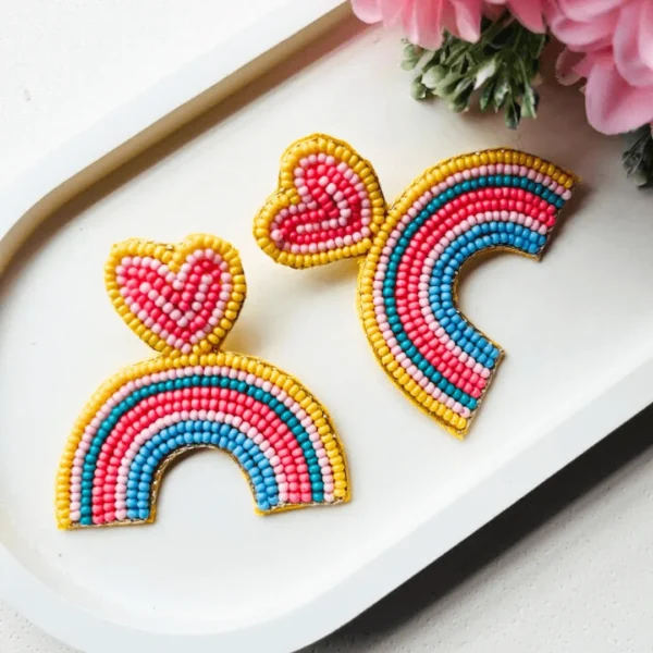 Rainbow with a Heart Handmade Beaded Earrings
