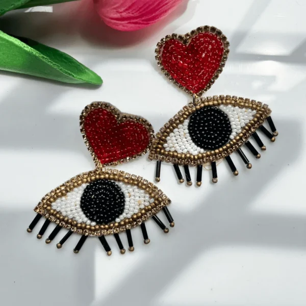 Red Beaded Evil Eye Handmade Earrings