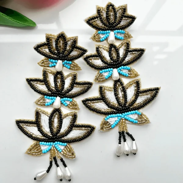 Shree Triple Layer Lotus Handmade Beaded Earrings Black