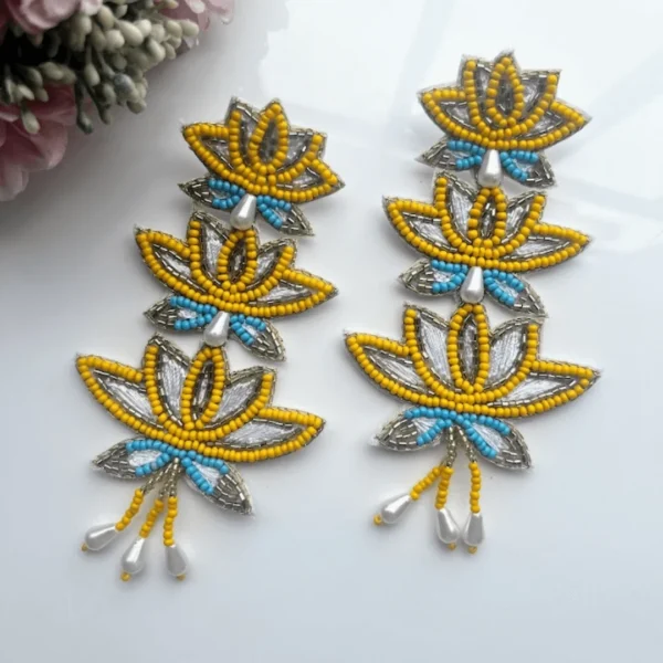 Shree Triple Layer Lotus Handmade Beaded Earrings Yellow