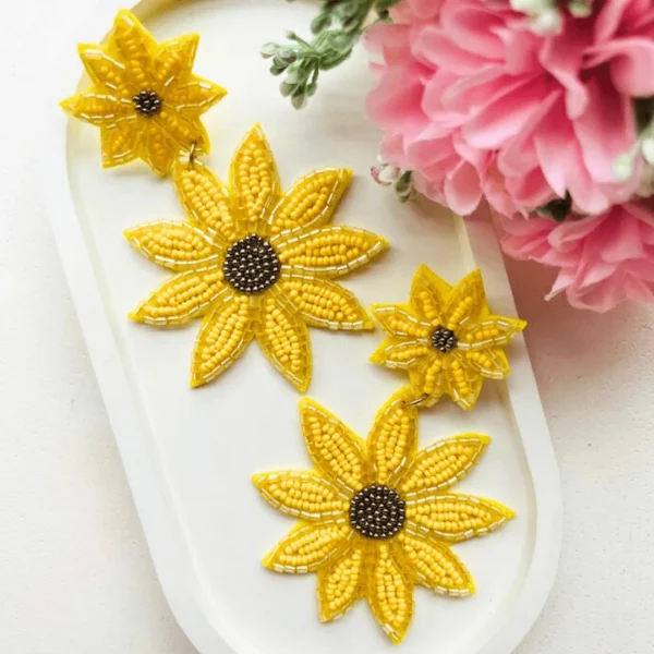 Two Layer Sunflower Handmade Beaded Earrings